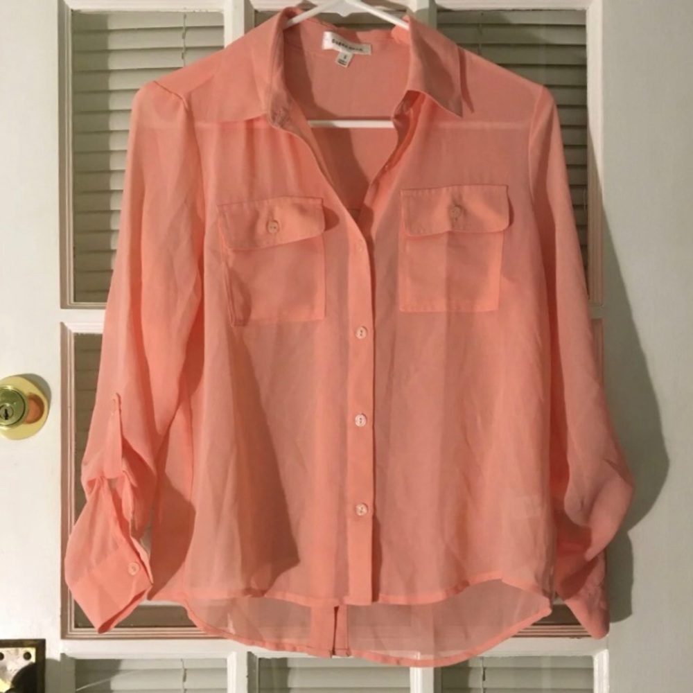 Sugar Rain sheer top, coral, size small
